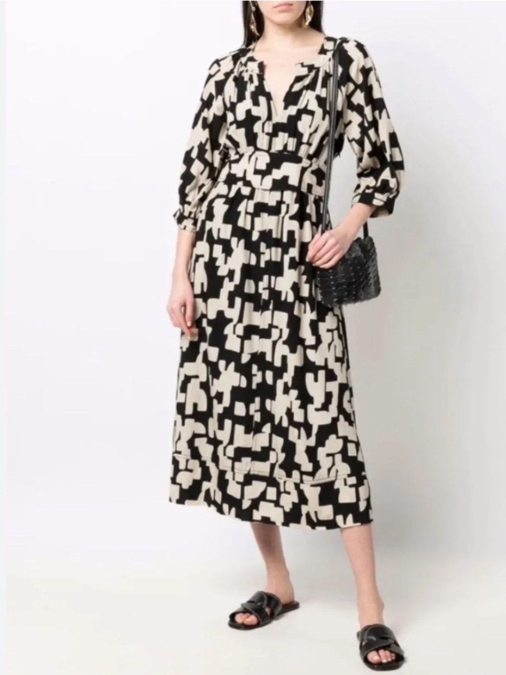 $365 EXC! ba&sh Paula Black Tan Abstract Print Midi V-neck Dres Size 1 US 4
